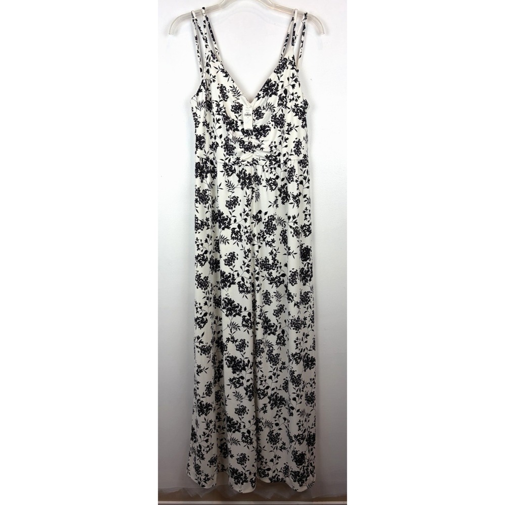 Banana Republic Maxi Dress Women Medium Black White Floral Flowy Cruise Slit New
